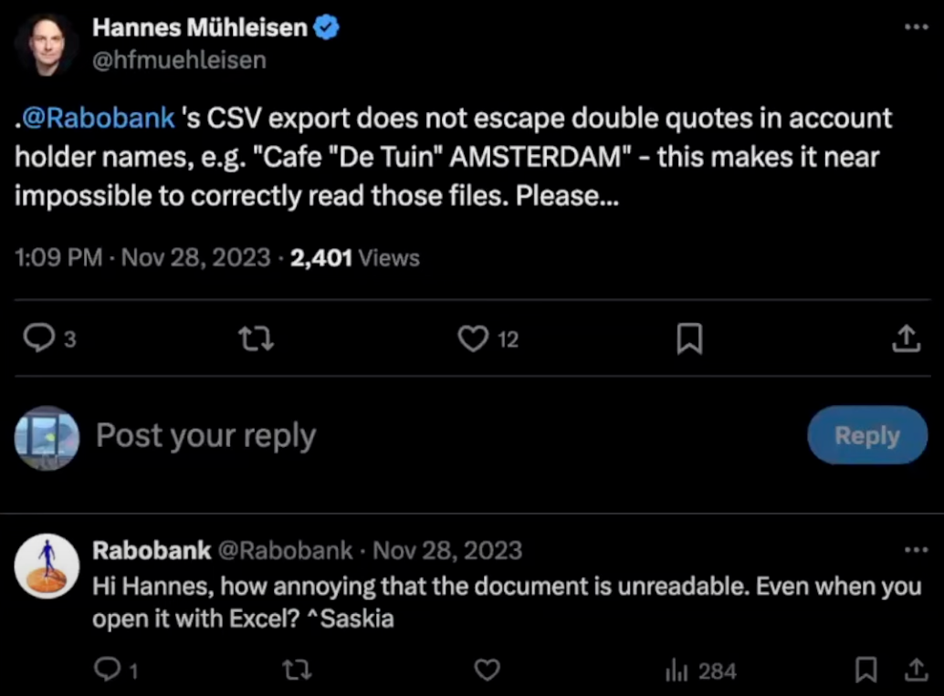 Hannes' tweet reaching out to the bank